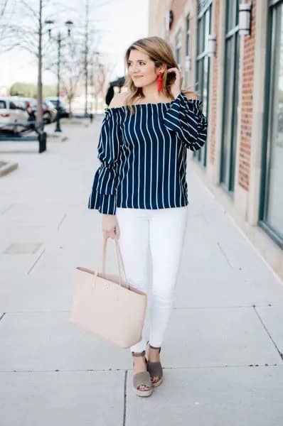 Black and White Vertical Striped Off Shoulder Blouse