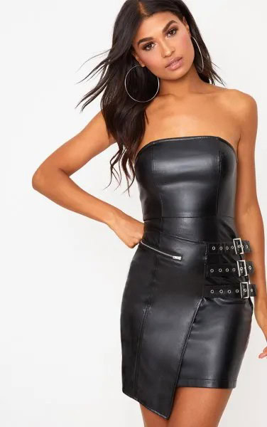 Black Leather Tube Dress with Zip Front Details