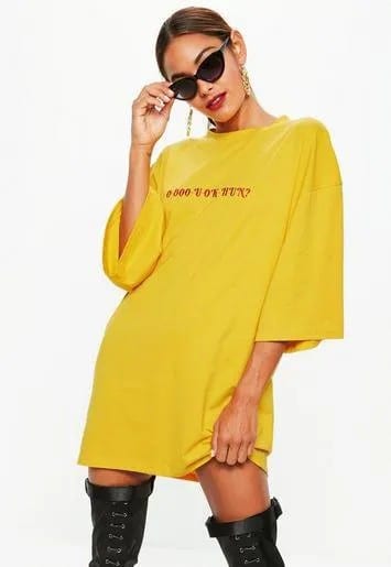 Yellow Oversized Wide Sleeve Printed T Shirt Dress with Leather Thigh High Boots