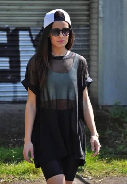 Black Semi-Sheer Tunic Blouse with White Crop Top & Mini Skirt