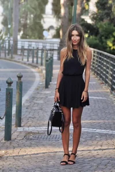 Black Fit and Flare Sleeveless Mini Dress with Open Toe Heels & Leather Purse