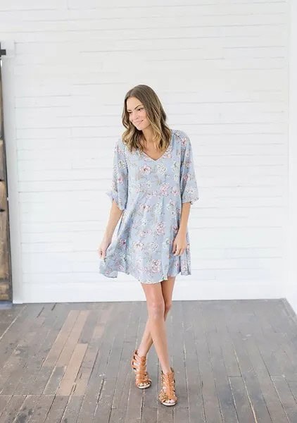 Baby Blue and White Floral Printed Half Sleeve Swing Dress