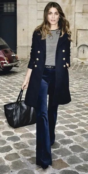 Black Longline Double Breasted Blazer with Navy Blue Flared Velvet Jeans