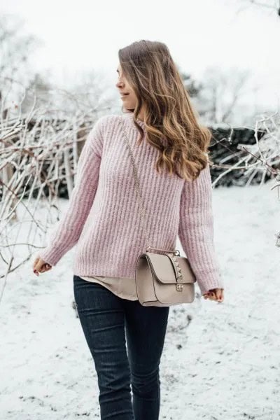 Blush Ribbed Pullover with Black Coated Slim Fit Jeans