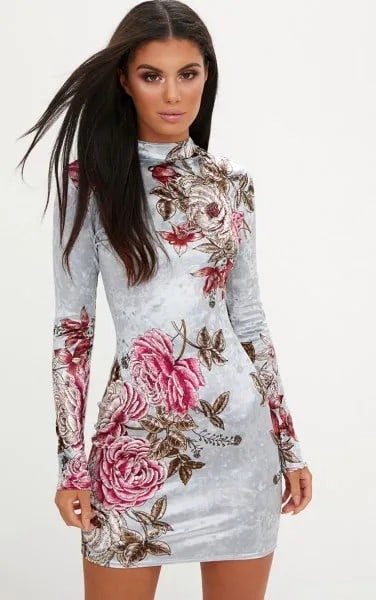 White Long Sleeve Floral Velvet Bodycon Dress