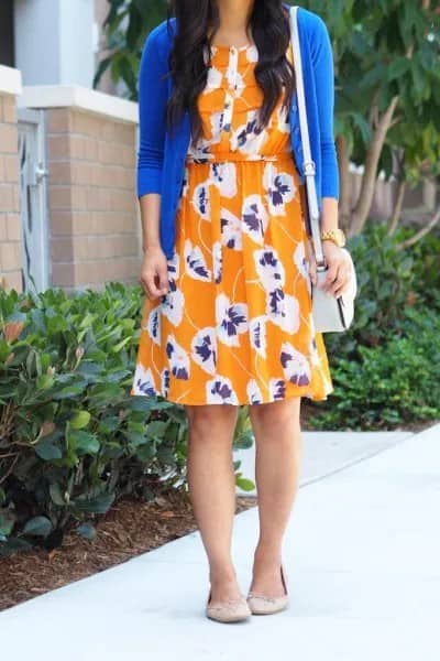 Royal Blue Cardigan with Orange Knee Length Swing Dress