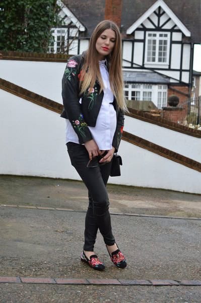 Embroidered Leather Jacket with White Shirt & Black Skinny Jeans