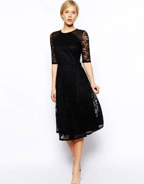 Half Sleeve Black Fit and Flare Lace Dress