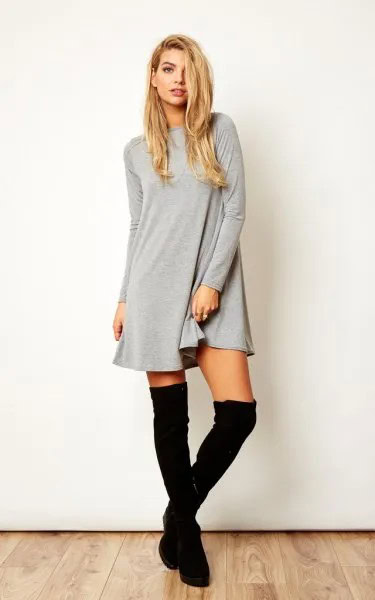 Grey Long Sleeve Swing Dress with Black Thigh High Boots