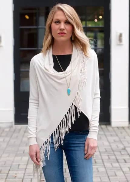 White Fringe Wrap with Black Tee & Jeans