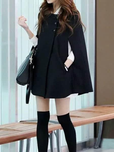 Black Cape Coat with White Shirt Dress