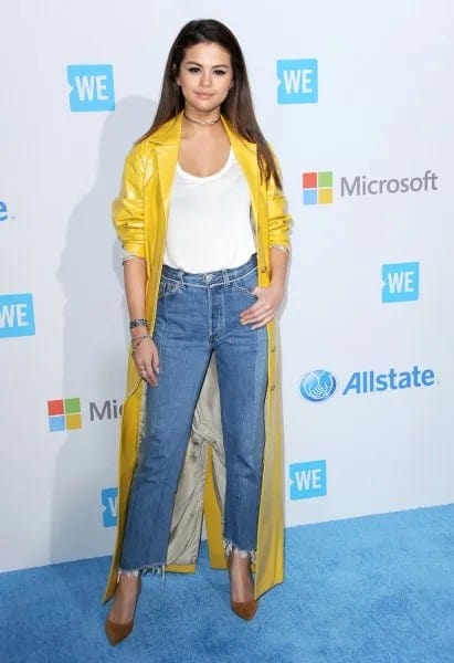 Maxi Yellow Raincoat with White Vest Top & Cuffed Jeans