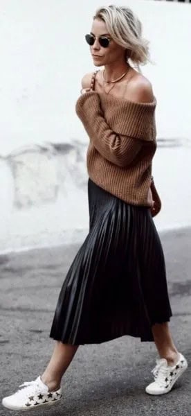 Green Off The Shoulder Ribbed Sweater with Black Midi Pleated Skirt