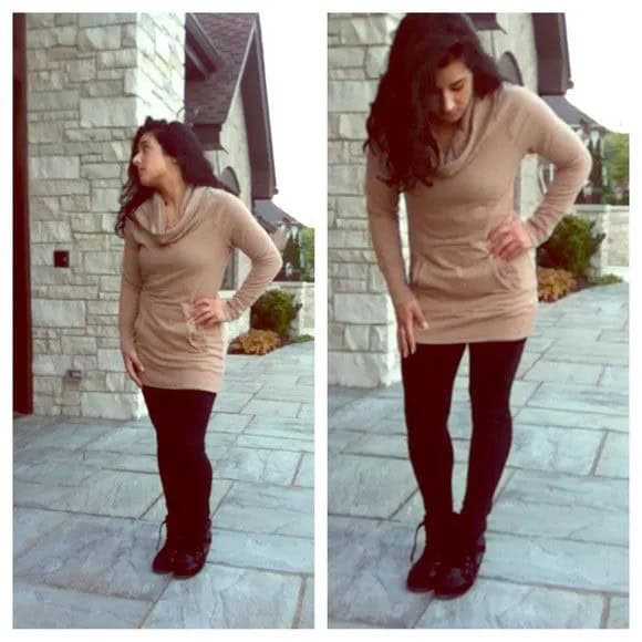 Tan Cowl Neck Tunic Sweater with Black Leggings