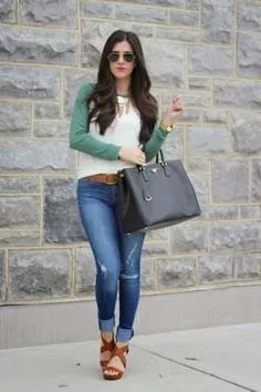 Grey and White Baseball T Shirt wth Cuffed Jeans & Sandals