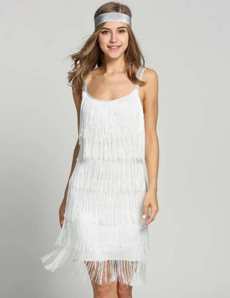 White Mini Fringe Dress with Vintage Headband