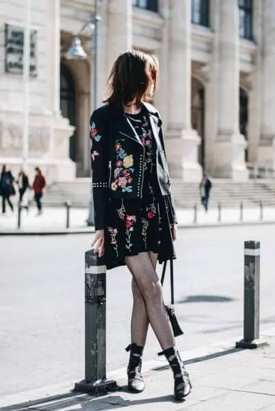 Black Embroidered Mini Shift Dress with Leather Jacket