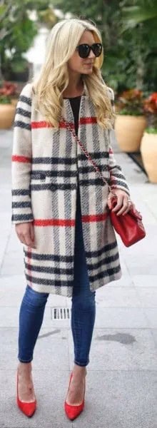 White and Navy Plaid Long Wool Coat