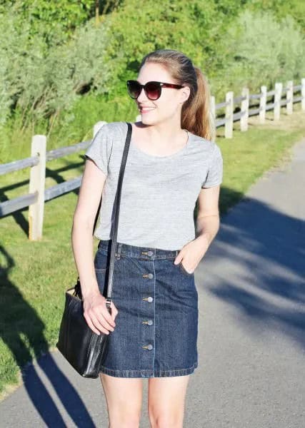 Grey Scoop Neck T Shirt with Dark Blue Button Front Denim Mini Skirt