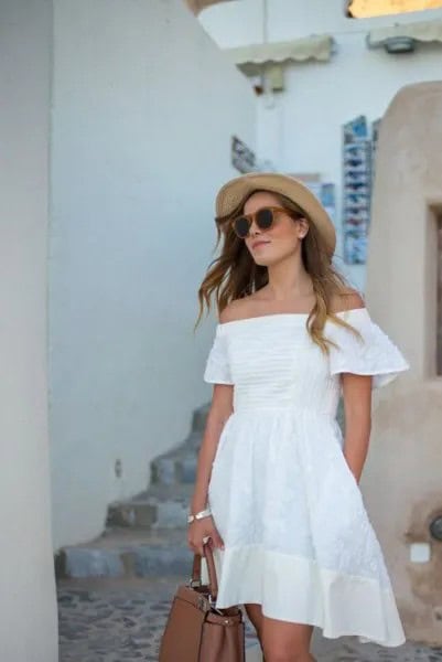 White Off The Shoulder Cotton Mini Skater Dress