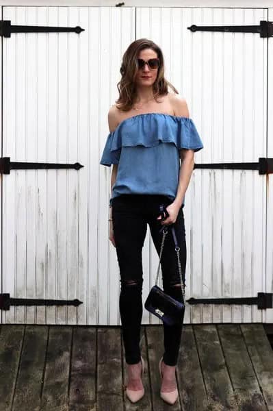 Blue Denim Off The Shoulder Top with Black Skinny Jeans