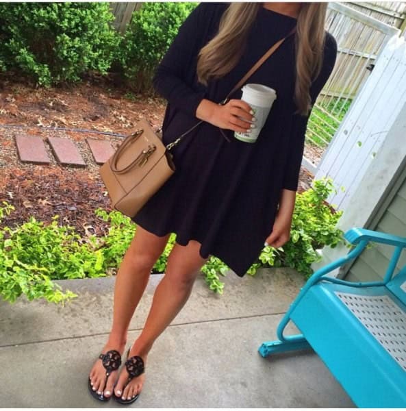 Black Mini Dress with Brown Leather Shoulder Bag