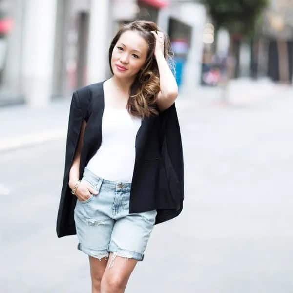 Black Cape Blazer with White Vest Top & Blue Denim Cuffed Shorts