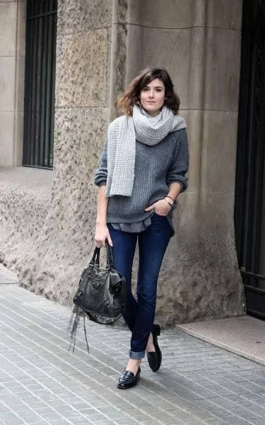 Grey Ribbed Chunky Knit Sweater with Scarf & Black Penny Loafers