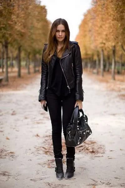 Black Leather Jacket with Matching Skinny Jeans & Leather Ankle Boots