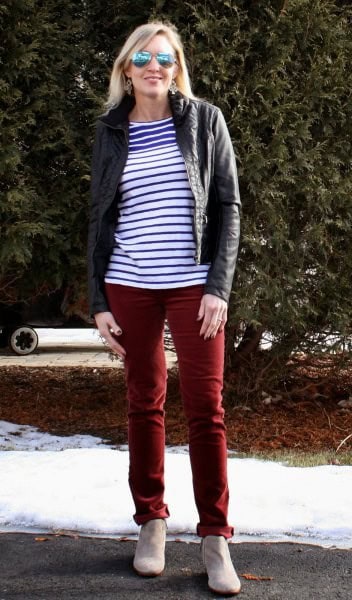 Blue and White Striped Tee with Black Moto Jacket & Brown Pants