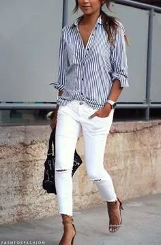 Navy Blue and White Striped Button Up Shirt with Ripped White Skinny Jeans