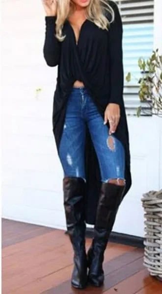 Black Maxi Cardigan Sweater with Low Cut Crop Top & Over The Knee Boots