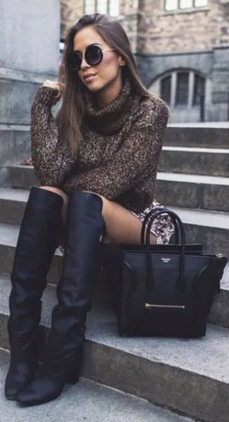 Grey Turtleneck Sweater with Printed mini Skirt & Over The Knee Square Toe Boots