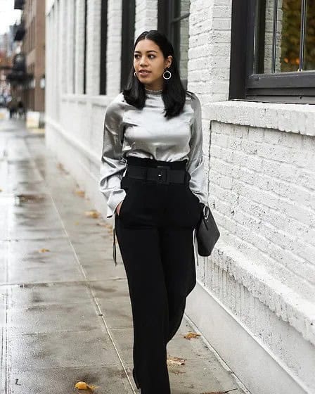 Silver Metallic Blouse with Black High Waisted Wide Leg Pants