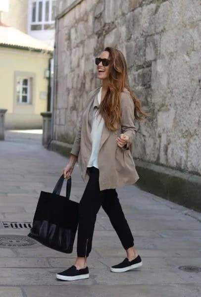 Blush Pink Casual Blazer with Black Cropped Jeans & Canvas Slip On Shoes