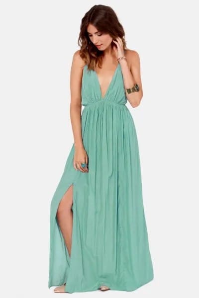 Seafoam Green Deep V Neck Pleated Maxi Side Slit Dress