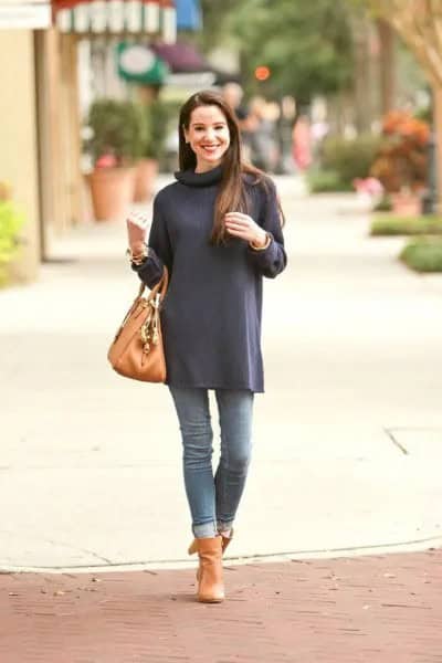 Navy Blue Long Sleeve Turtleneck Tunic with Cuffed Jeans & Orange Boots