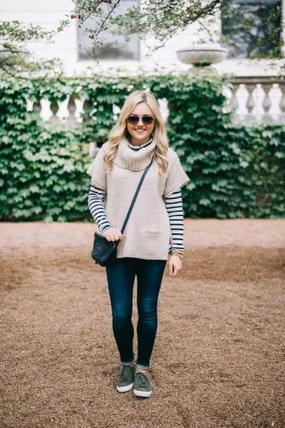 Pale Pink Short Sleeve Sweater with Black and White Striped Tee