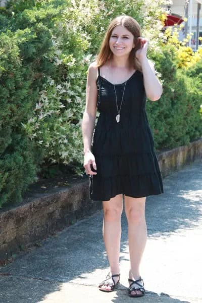 Black Gathered Waist Flared Mini Dress