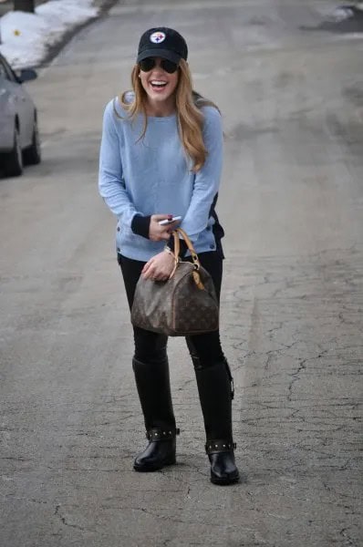 Sky Blue Knit Sweater with Black Elbow Patches