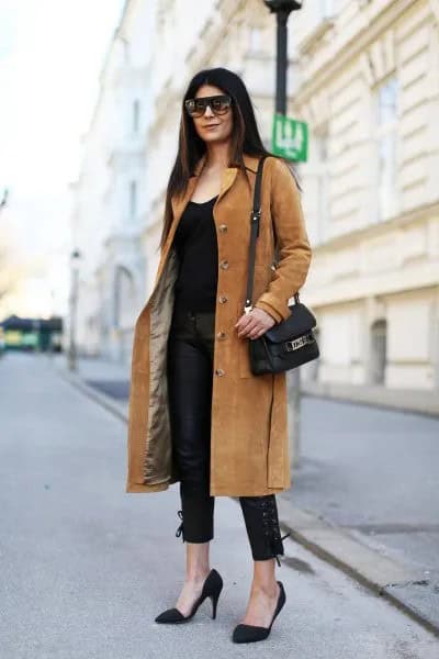 Camel Midi Length Suede Coat with All-Black Outfit