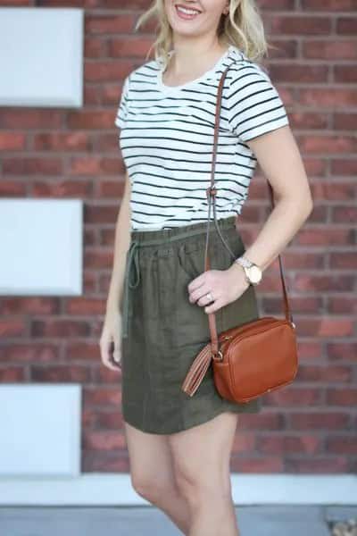 Black and White Striped T Shirt with Green Linen Elastic Waist Mini Skirt