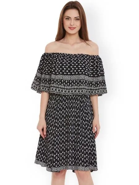 Black and White Tribal Printed Off The Shoulder Knee Length Dress