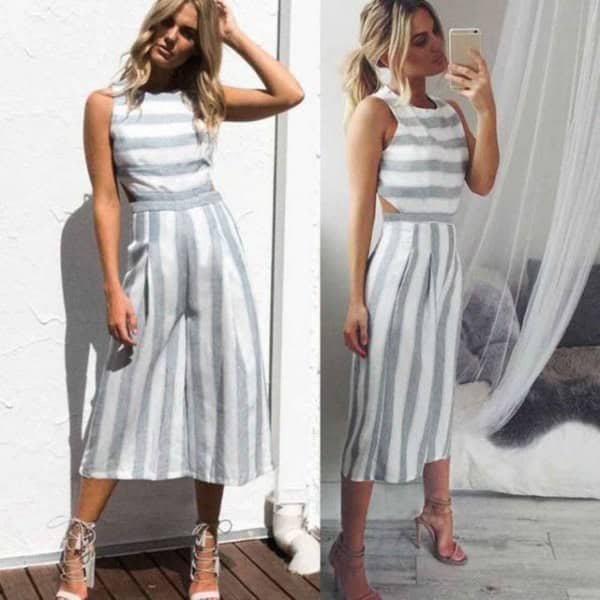 Grey and White Striped Sleeveless Top with Matching Cropped Wide Leg Pants