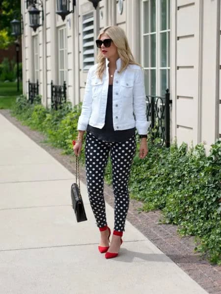 Black Polka Dot Pants with White Denim Jacket