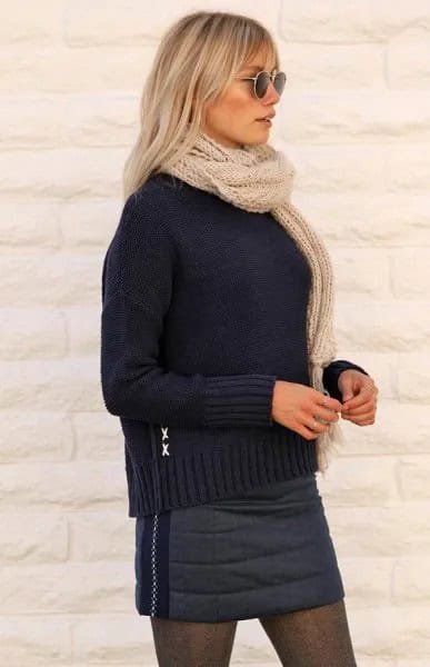 Black Knit Sweater with Dark Grey Down Mini Skirt