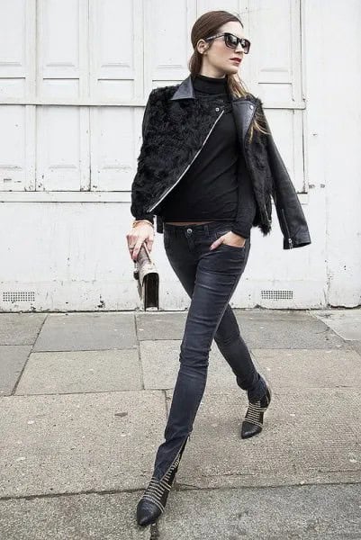 Black Leather Moto Jacket with Coated Skinny Jeans