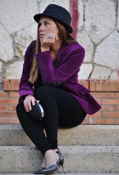 Purple Velvet Blazer with All-Black Outfit