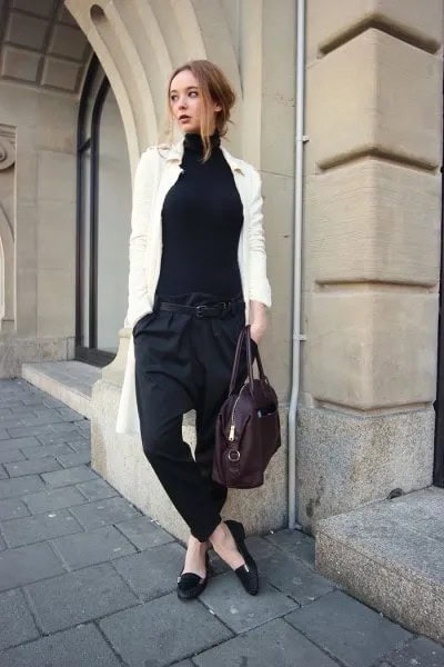 Black Loafers with White Long Cardigan