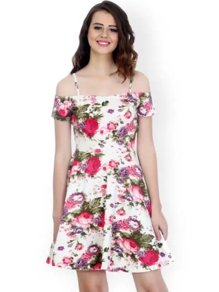 White Cold Shoulder Floral Skater Dress